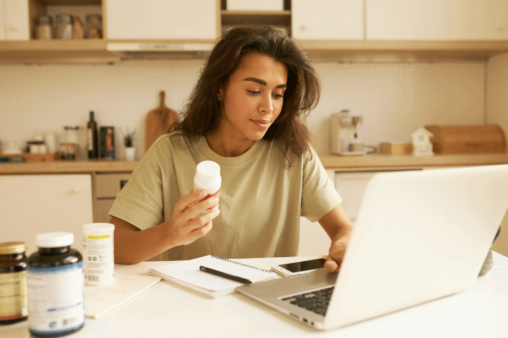 une consommatrice de complément alimentaire tient un pilulier dans la main et se renseigne sur internet