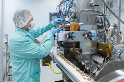 un technicien opère une ligne de fabrication de complément alimentaire